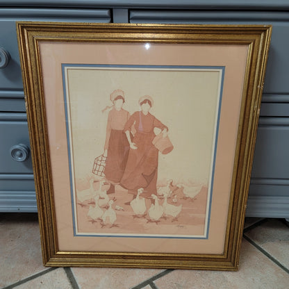 Feeding Time Signed by Vera Kirk Print Amish Batiks Watercolors Framed Matted