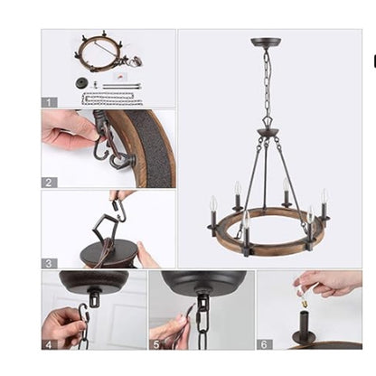LNC Farmhouse Wagon Wheel 6Light Distressed Wood Circle Island Rustic Bronze NEW