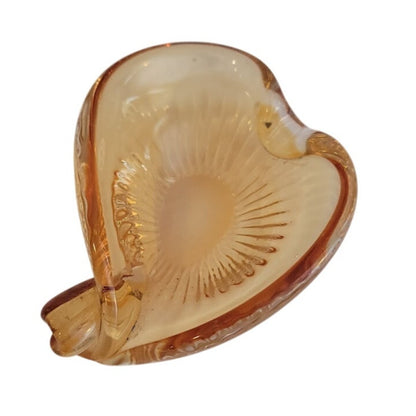 Handblown art glass trinket bon bon candy dish golden yellow heart shaped