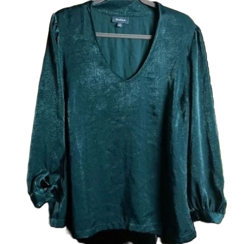 Modcloth V-Neck Satiny Long Sleeve Knot Tie Cuff Blouse Sz Medium in Emerald NWT