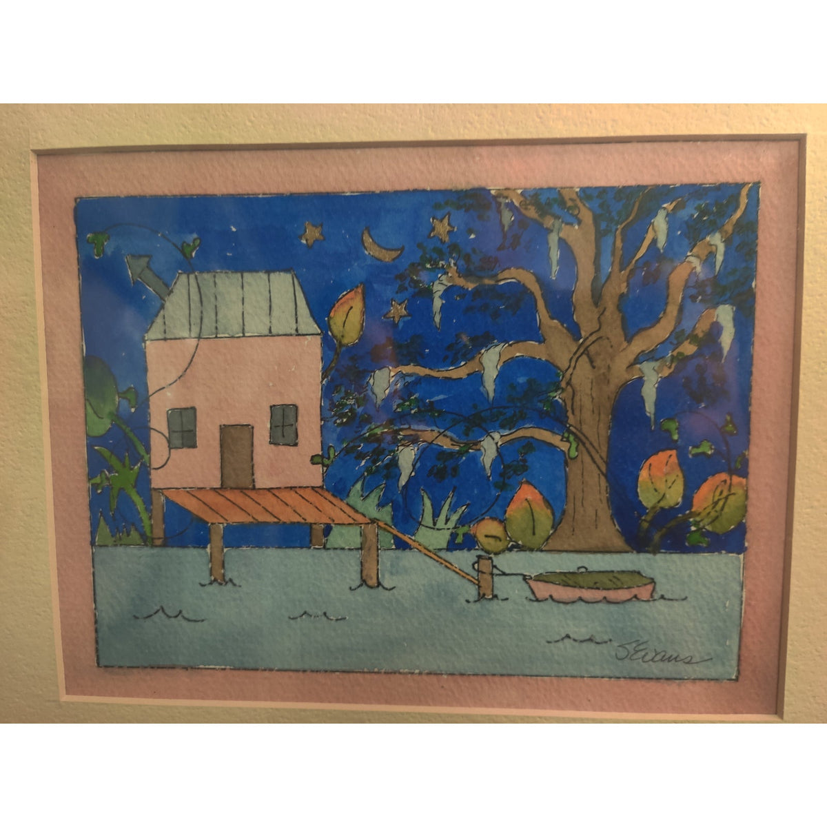 Original Stilt House and Dock Watercolor Painting Signed Sandy Evans