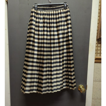 Russ Vintage Pleated Midi Skirt Size 12 Black & Tan Striped Satin Made in USA