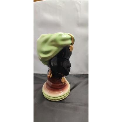 Vintage 1950s 9" Female Blackamoor African Head Vase Planter Turban Figurine