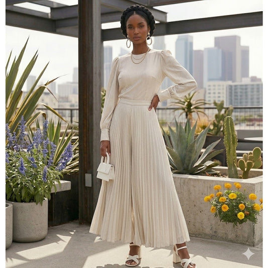 Vintage Women's 2 Piece Blouse & Pleated Wide Leg Pants Long Sleeve Ivory Size 6