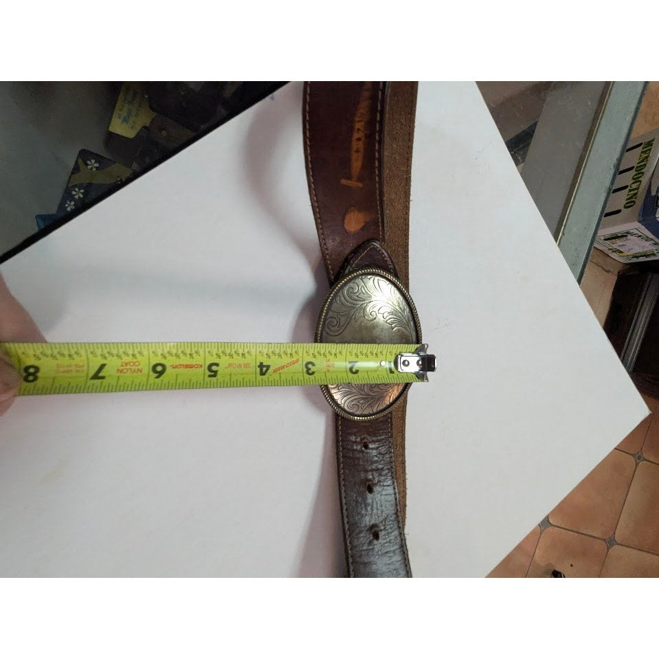 Old Navy Vintage Brown Leather Belt Oval Metal Buckle Boho Western Y2K Size 32