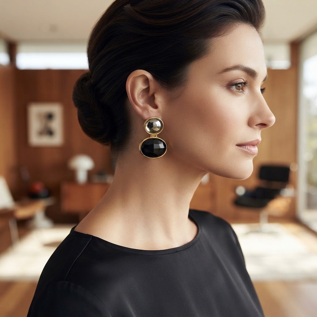 Vintage Double Drop Oval Earrings Black Faceted Resin Gold-Tone Glamour