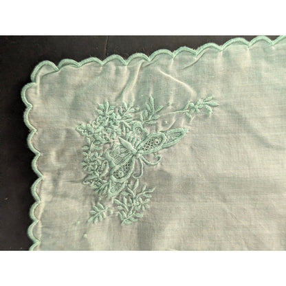 Vintage Light Green Embroidered Floral Handkerchief Scalloped Edge