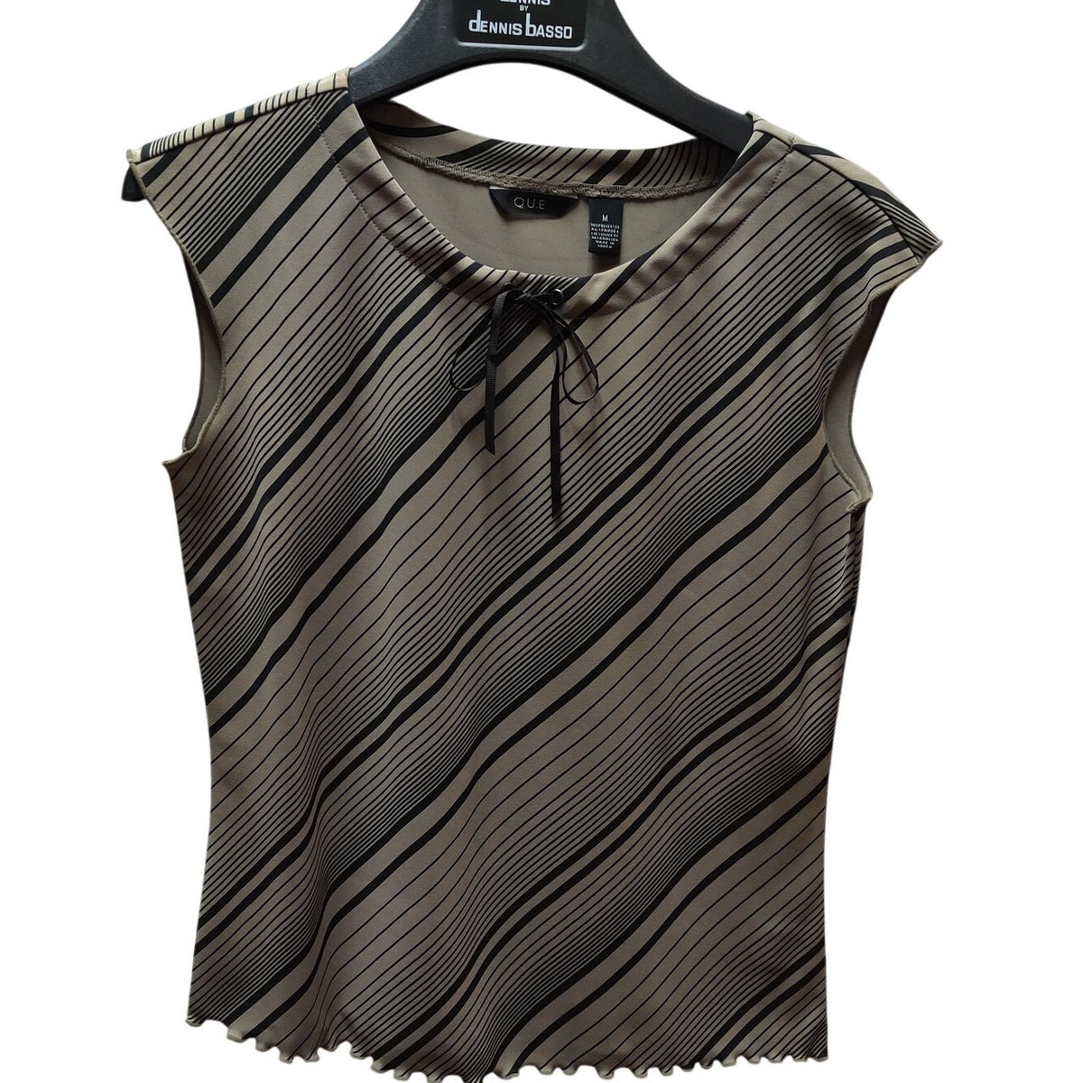 QUE Diagonal Stripe Sleeveless Top Womens Medium Tan Black Keyhole Bow Blouse