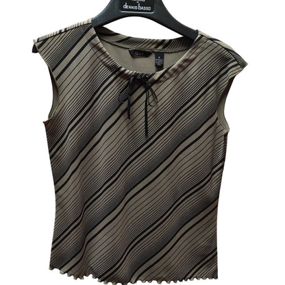 QUE Diagonal Stripe Sleeveless Top Womens Medium Tan Black Keyhole Bow Blouse