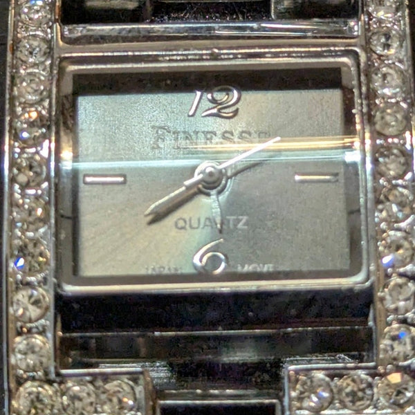 Vintage Finesse Silver Tone Rhinestone Tank Quartz Watch with Decorative Tin