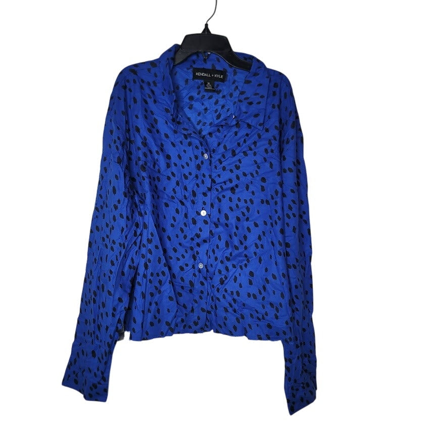 New kENDALL Kylie Size XL Blue Black blouse Button Up Raw Hem
