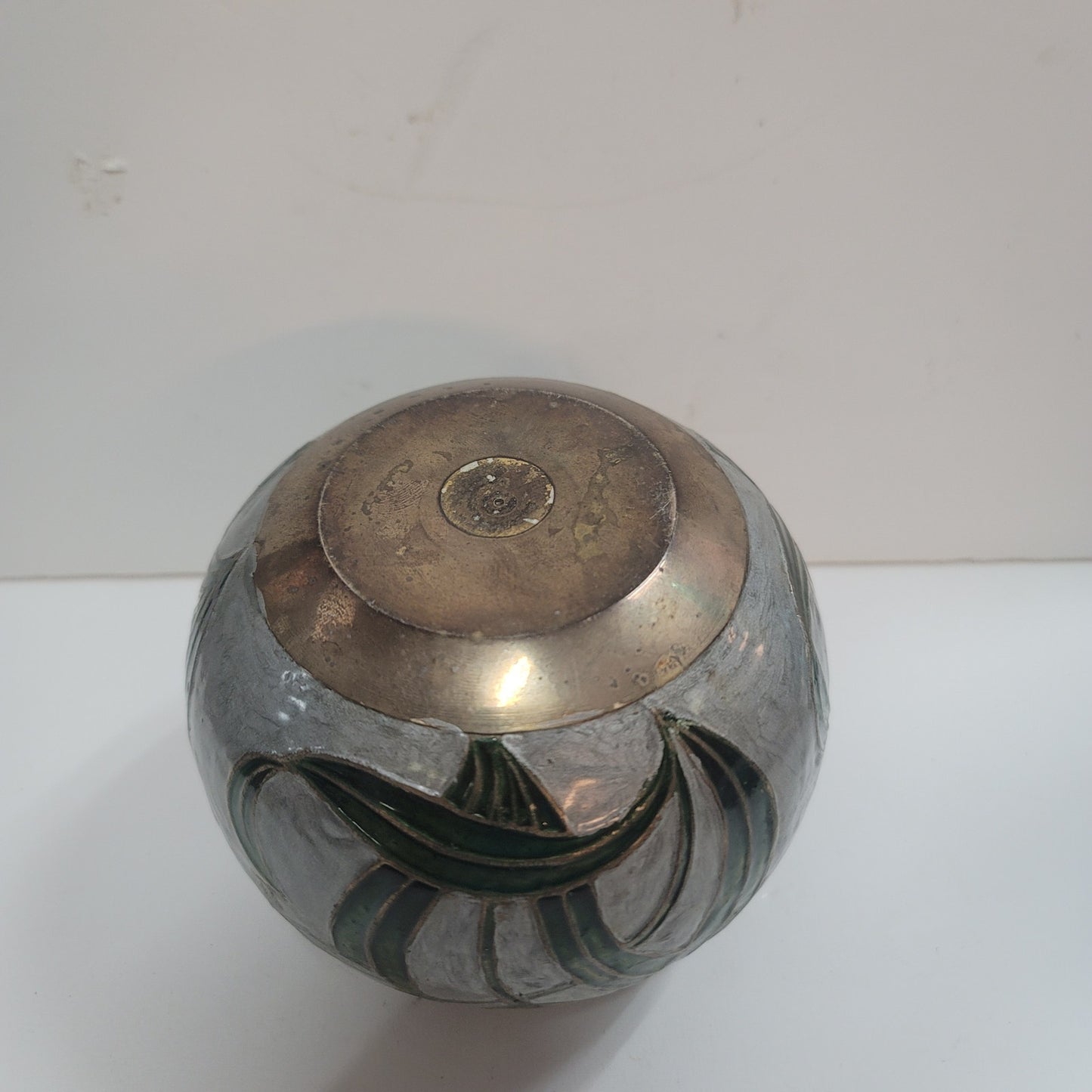 Vintage Mid Century Spherical Round Enamel and Brass Pot Vase Flowers