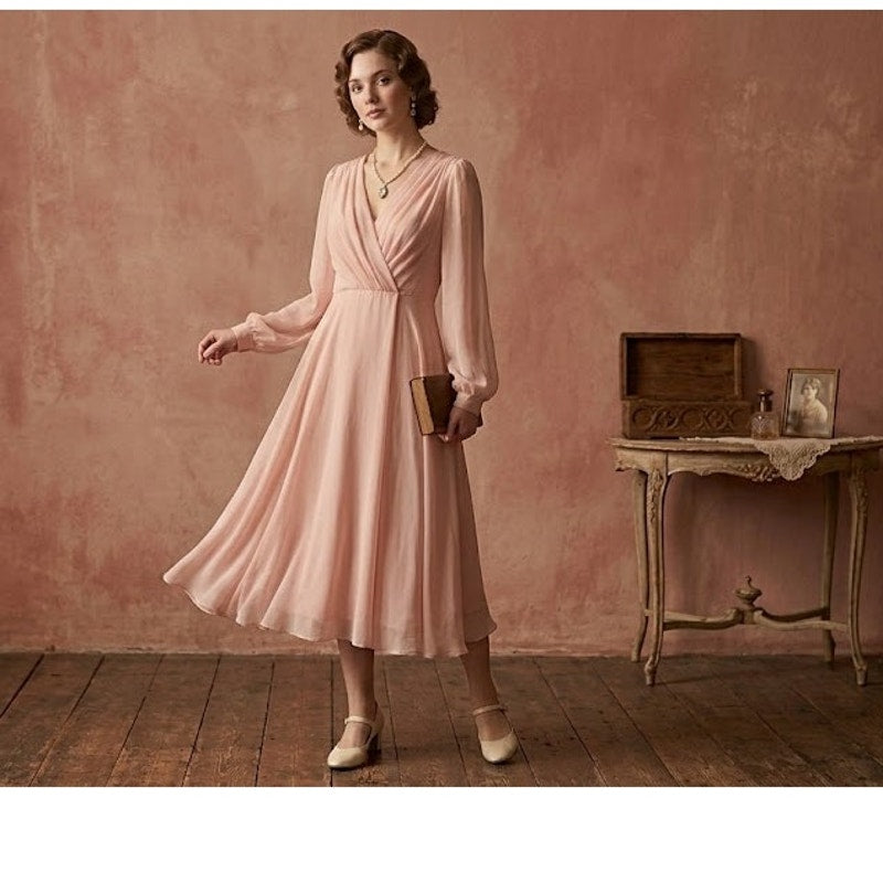 Miss Elliette Vintage 1990s Puff Sleeve Faux Wrap Pleated Dress Pink Medium