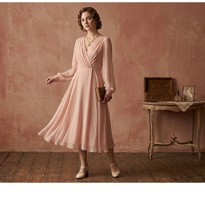 Miss Elliette Vintage 1990s Puff Sleeve Faux Wrap Pleated Dress Pink Medium