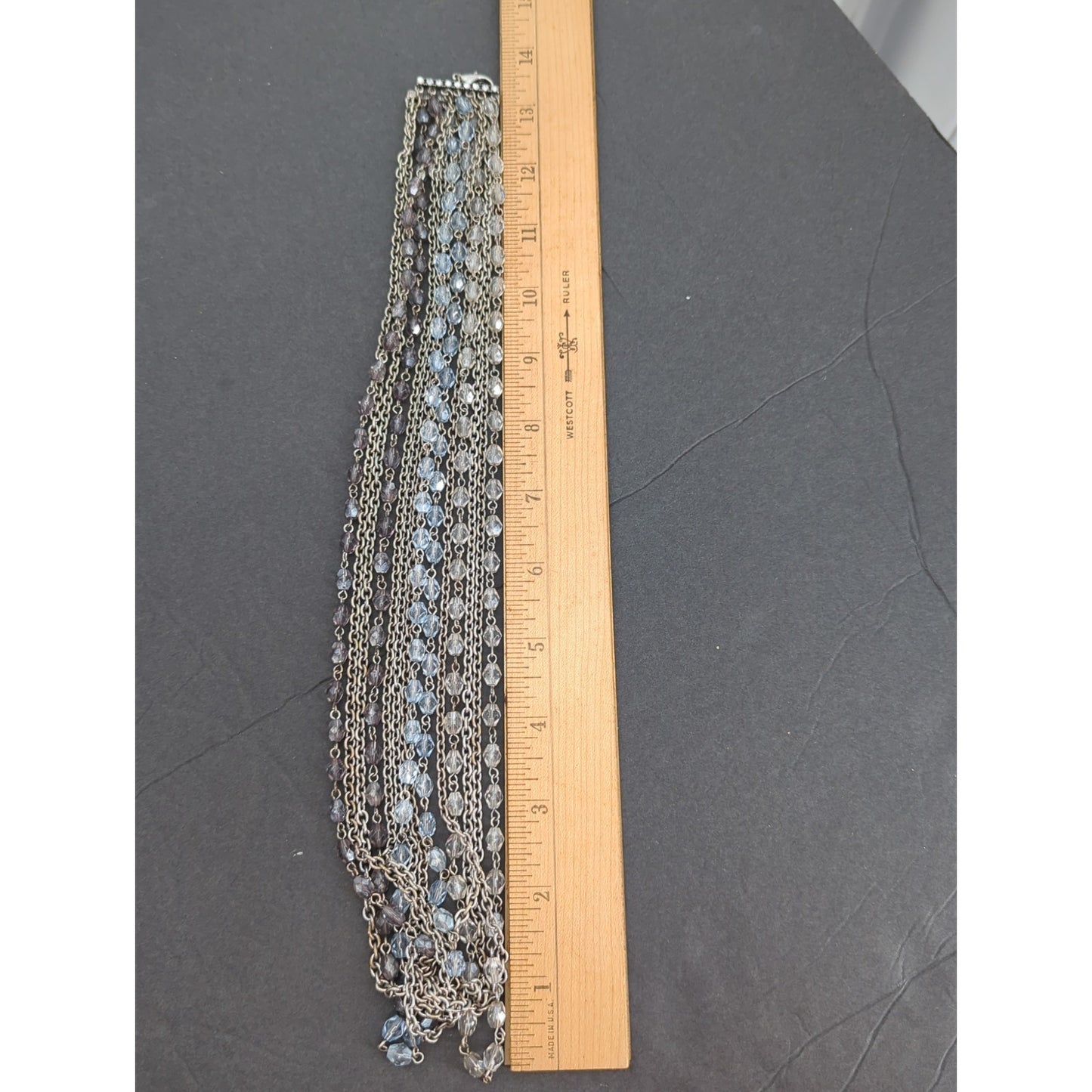 LOFT Silver Multi Strand Necklace Blue Beaded Layered Chain Waterfall Choker 14"