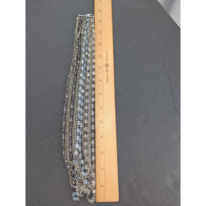 LOFT Silver Multi Strand Necklace Blue Beaded Layered Chain Waterfall Choker 14"