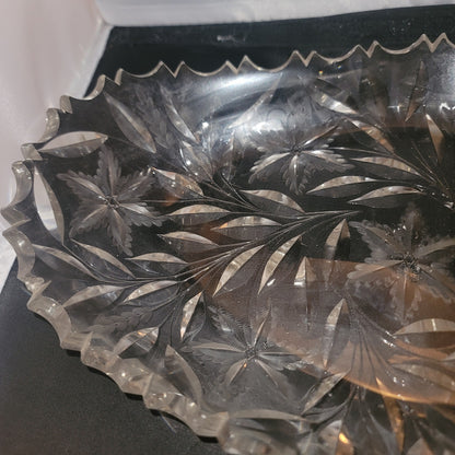VINTAGE Large Clear Cut Glass Crystal Oval Serving Platter Starburst Pattern