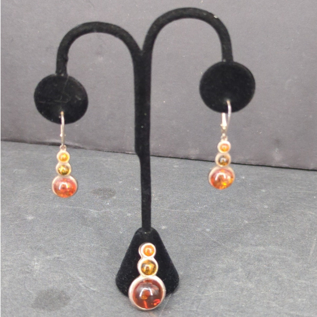 Vintage Boho Genuine Amber Silver Dangle Earrings & Pendant Set 925