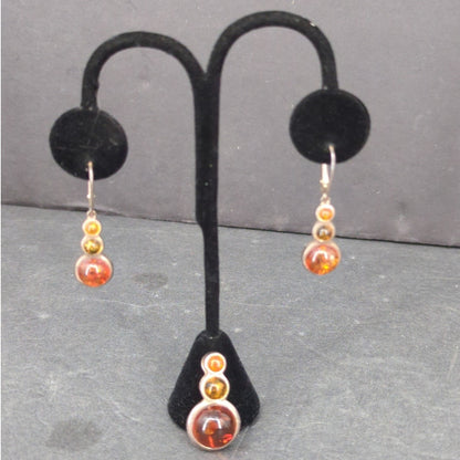 Vintage Boho Genuine Amber Silver Dangle Earrings & Pendant Set 925