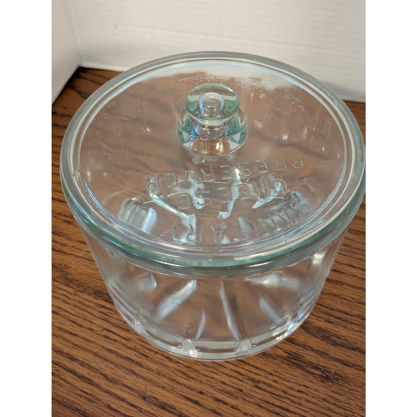 Vintage Clear Glass Round Sanitary Cheese Preserver Storage Container & Lid