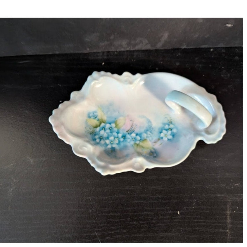 Trinket Dish 70s Porcelain Painted tray Hydrangea Flowers Nappy Mini finger hole