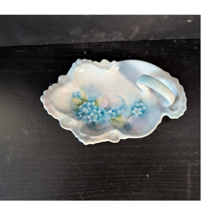 Trinket Dish 70s Porcelain Painted tray Hydrangea Flowers Nappy Mini finger hole