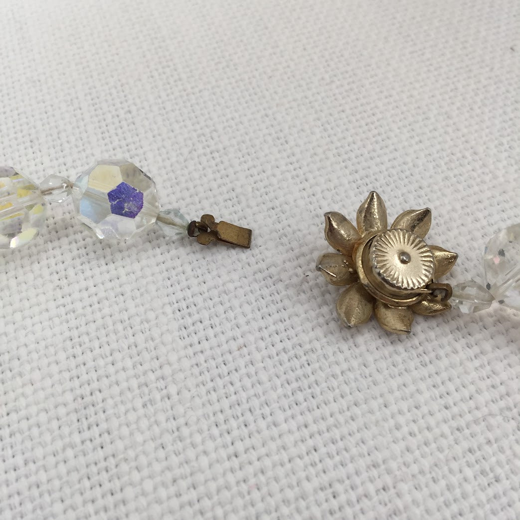 Vintage Aurora Borealis Glass Crystal Bead Necklace Facet goldtone flower clasp