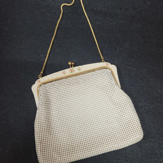 Vintage OROTON made Germany metal mesh purse handbag floral kiss clasp cream