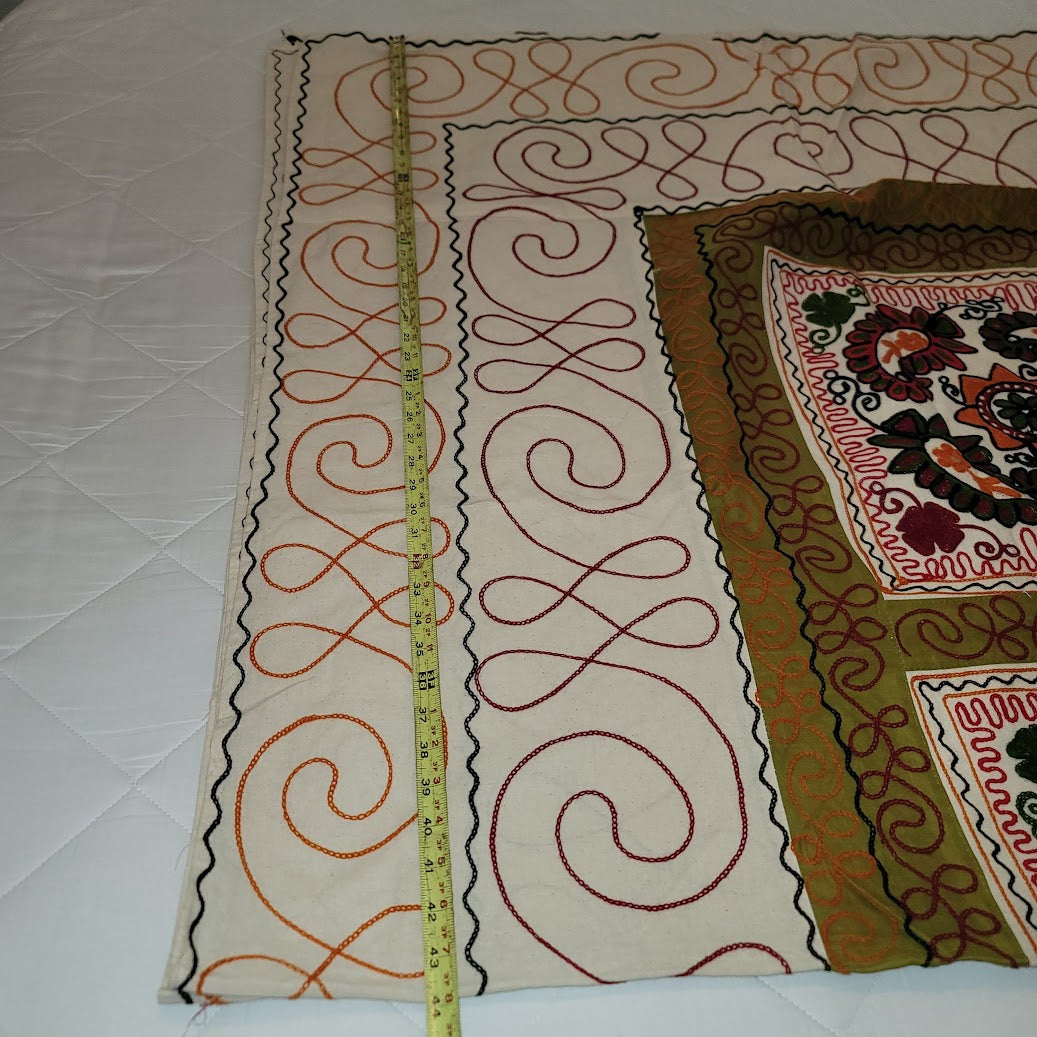 Paisley Orange Green Cream Queen/Full Embroidered coverlet blanket 2 pillow sham