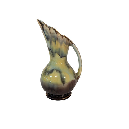 Vintage Art Deco Majolica Pitcher Ewer Vase Yellow Brown Drip Glaze 7"