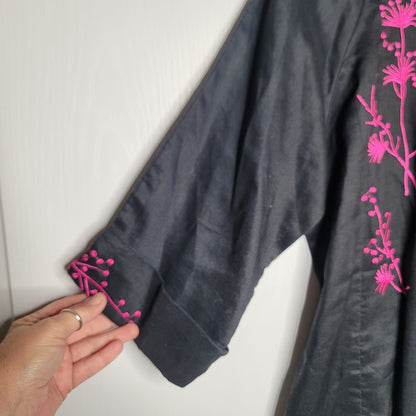 Parno Black Full Zip Tunic Black Pink Embroidery Floral Long Sleeve Medium