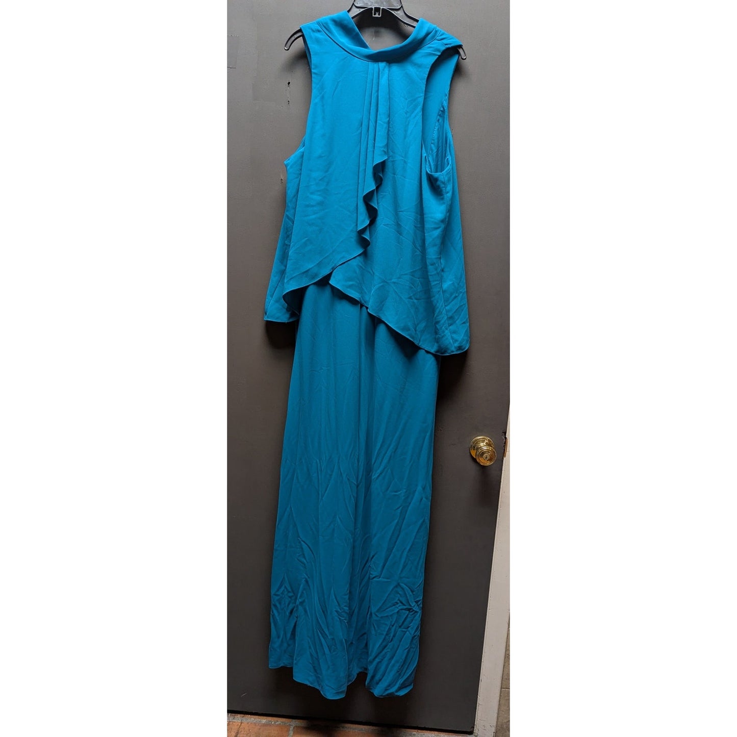 Halston Heritage Turquoise Blue Sleeveless Layered Tie-Neck Maxi Gown Dress 16