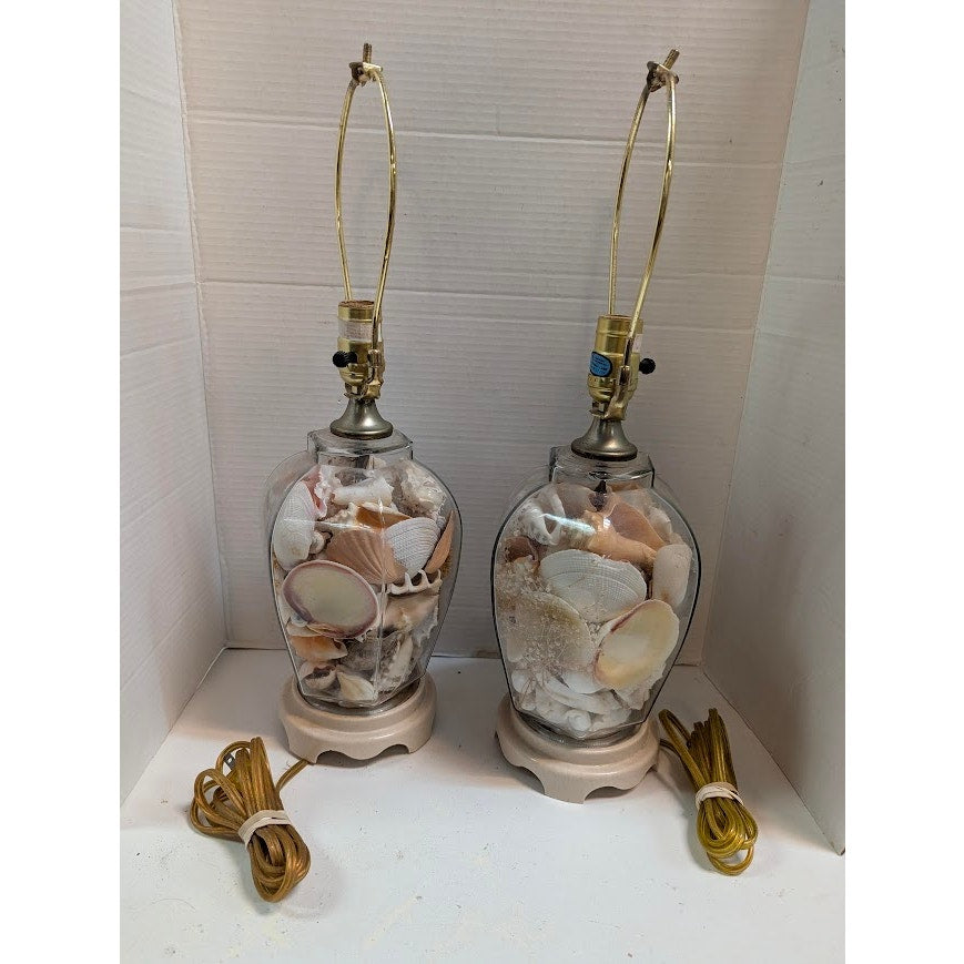 Pair Vintage Coastal Beach House Sea Shell Filled Glass Table Lamps Nautical