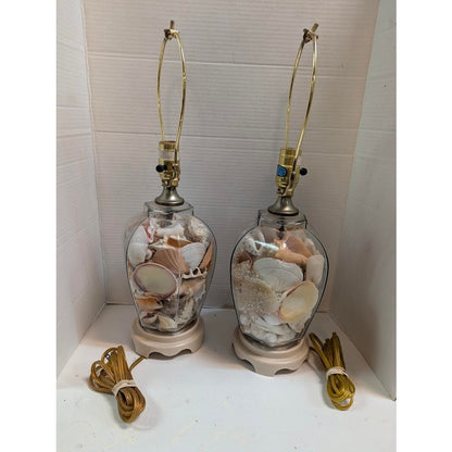 Pair Vintage Coastal Beach House Sea Shell Filled Glass Table Lamps Nautical