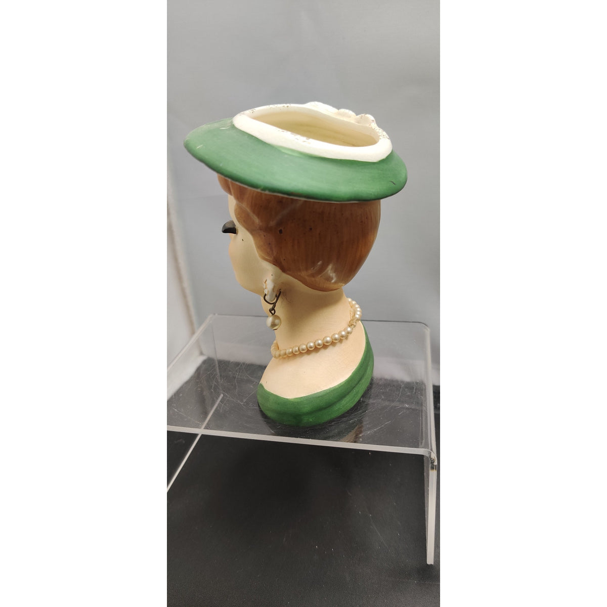 Vintage 1950s Redhead Lady Head Vase Planter Green Hat Collectible Kitsch