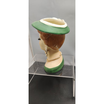 Vintage 1950s Redhead Lady Head Vase Planter Green Hat Collectible Kitsch