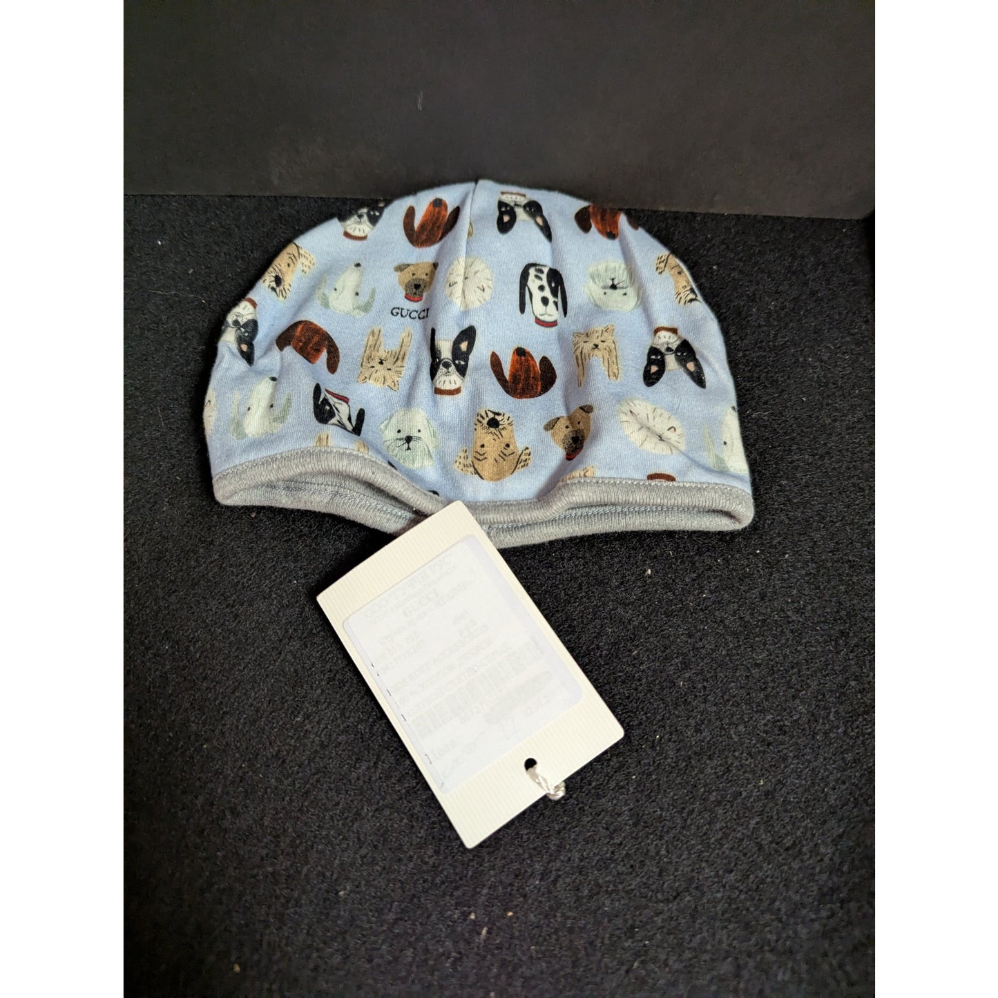 Gucci Baby Beanie Hat Blue Dog Puppy Illustrated Print Cotton NWT Newborn Luxury