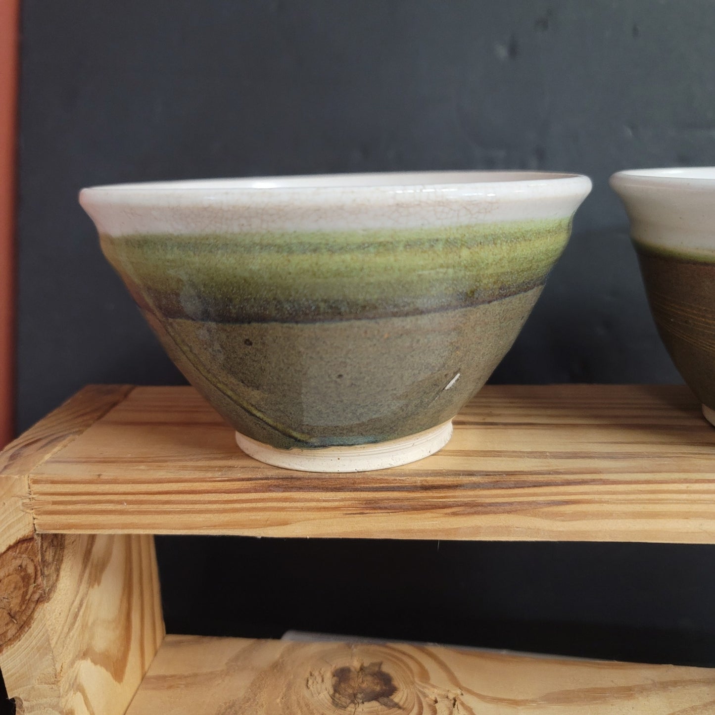 Lot of 2 handmade art pottery studio tea bowls Earthtones Green white sand Clay