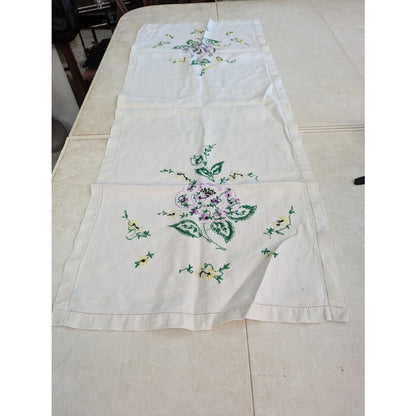 Vintage Hand embroidered flowers white blue purple table runner linen textiles
