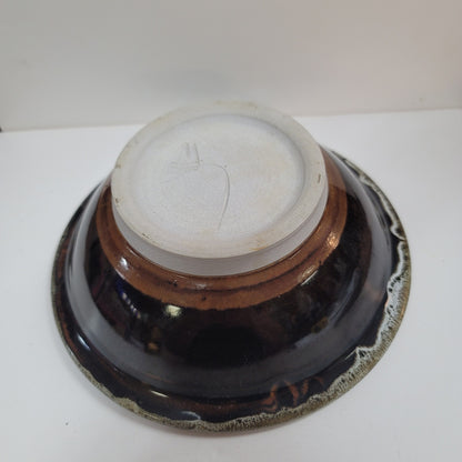 Pottery Glazed bowl handmade signed 7 1/2" Brown lipped earthtone Dripware