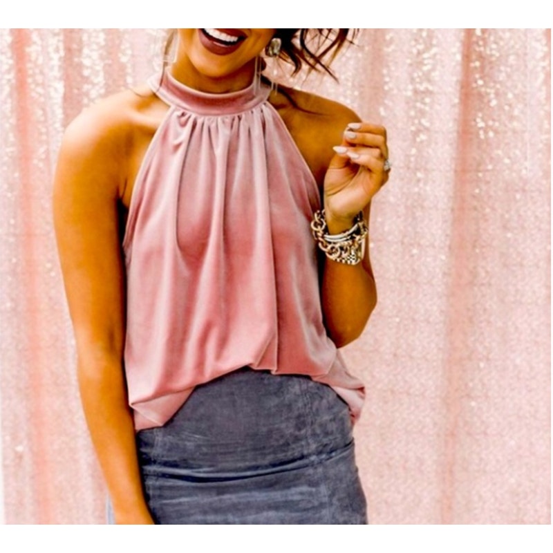 Gibson X Glam Pink Crushed Velvet Halter Tie Top NEW Size Medium Sleeveless