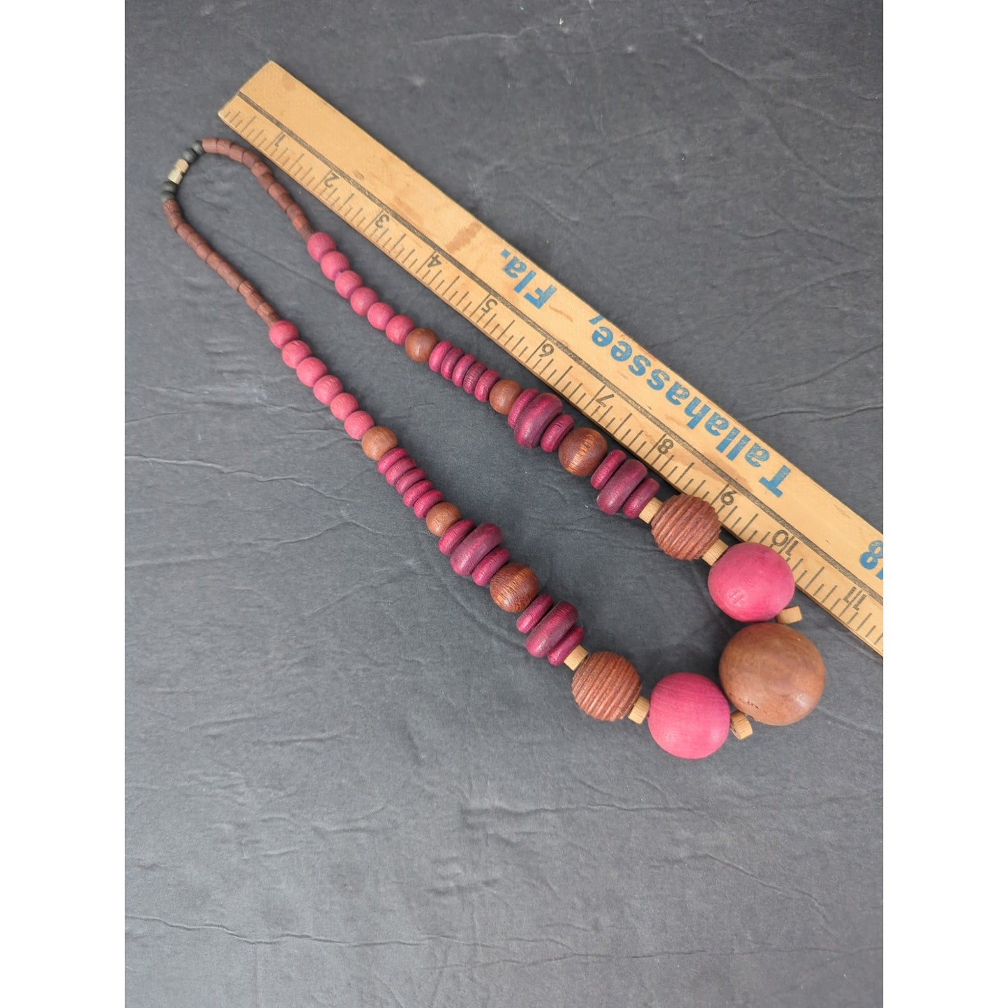 Vintage Chunky Wooden Bead Statement Necklace Pink & Brown Mid-Century Boho Chic