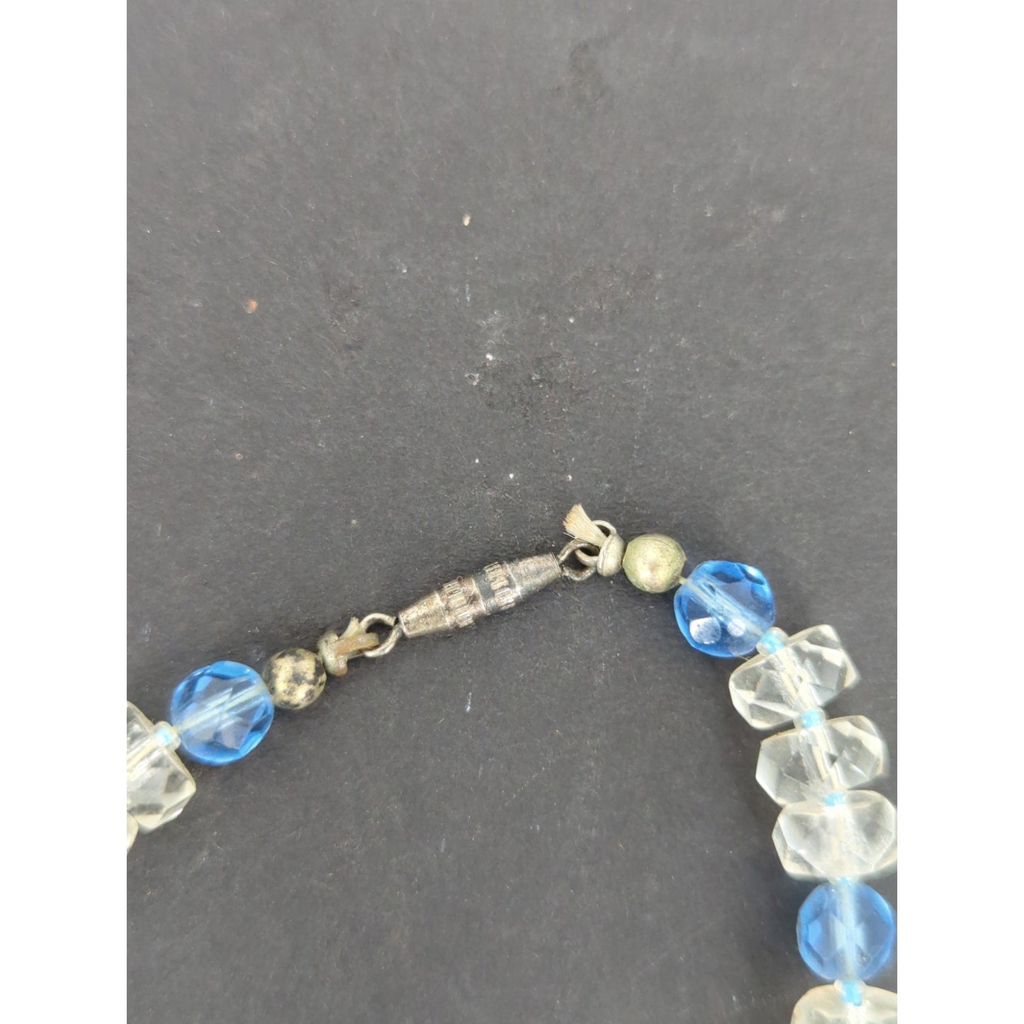 Vintage Blue & Clear Crystal Beaded Strand Necklace Drops Mid-Century Boho