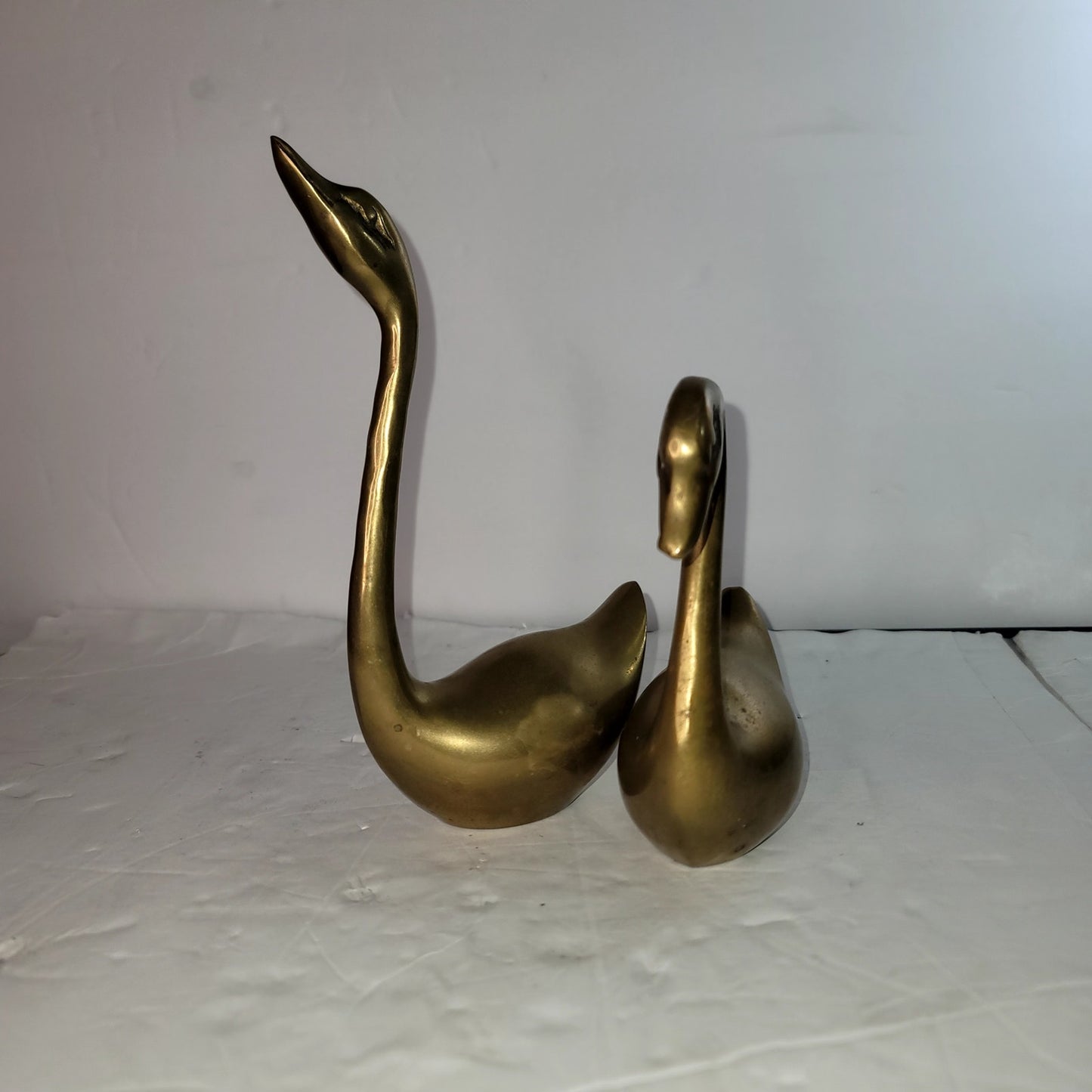 Vintage Brass Swan Pair Korea MCM Mid Century Modern Large Small 8.5" & 5.5"