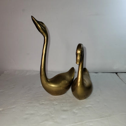 Vintage Brass Swan Pair Korea MCM Mid Century Modern Large Small 8.5" & 5.5"