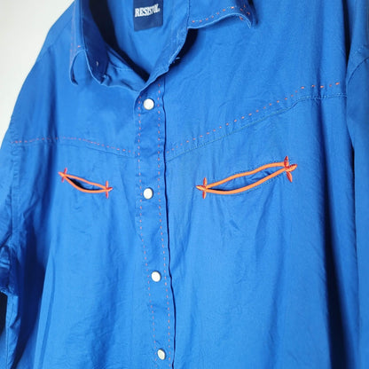 Resistol MEN XL Western Cotton Blue Orange Long Sleeve Cowboy Shirt Pearl snaps