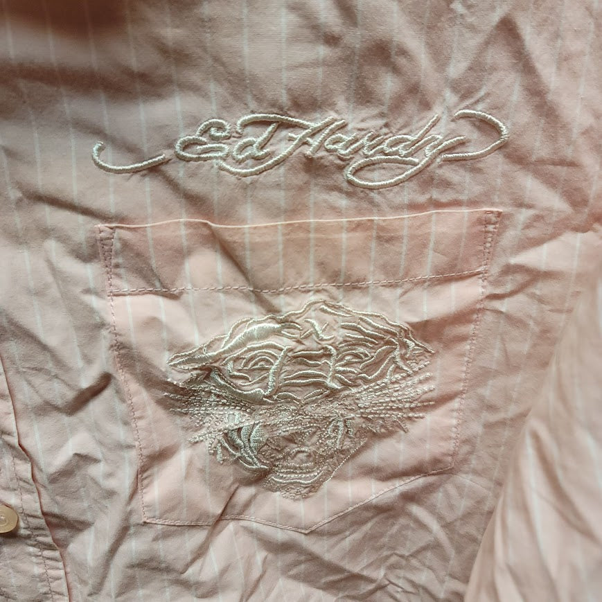 Y2K Pink White Striped Ed Hardy Top long sleeve Blouse Medium embroidered