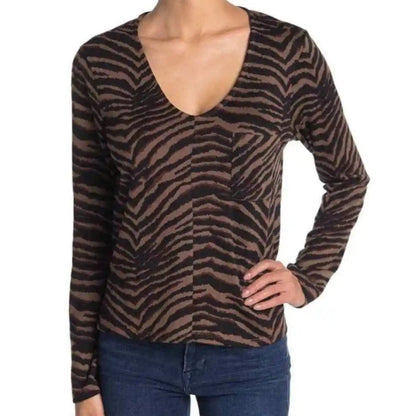 Sanctuary V-Neck Pocket Pullover Sweater Top XL/Extra Large in Tiger Stripe NWT
