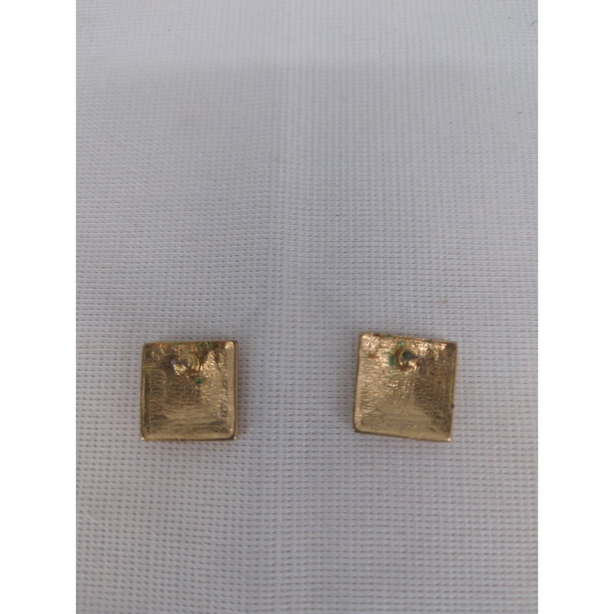 Vintage Gold Tone Square Stud Earrings Cream Enamel Minimalist 1960s