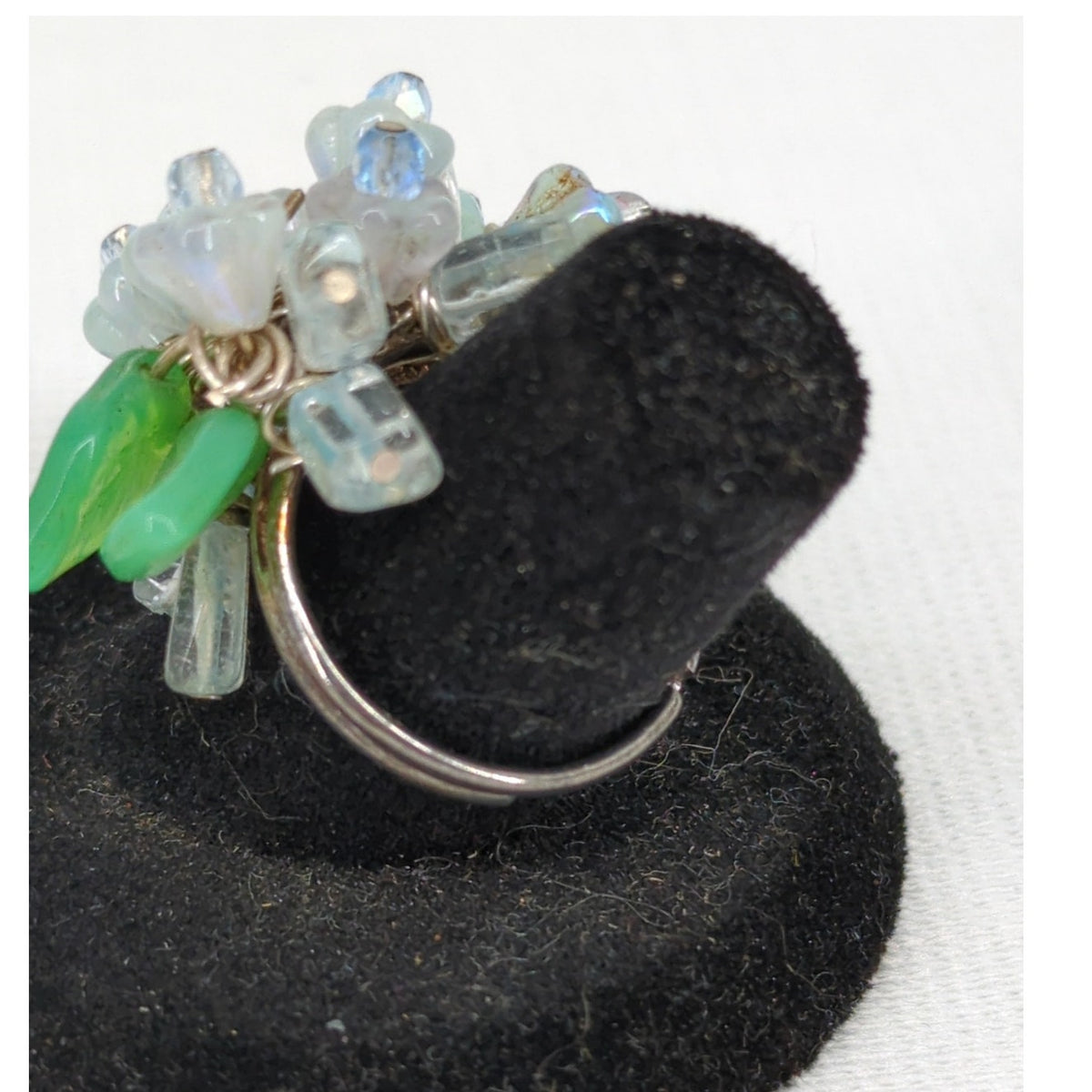 Vintage Iridescent Beaded & Green Leaf Cluster Size 7 adjustable Cluster ring